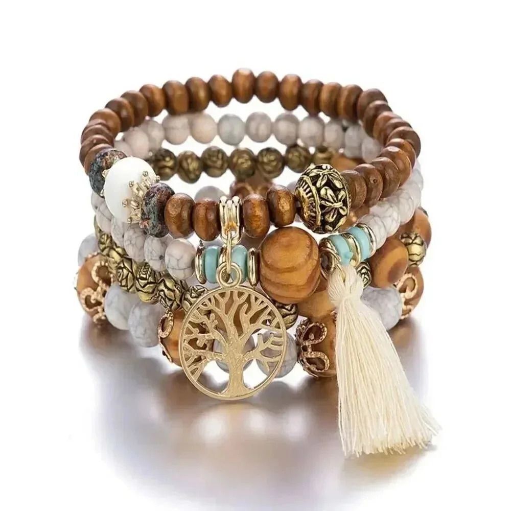 Bohemian Tassel & Hollow Out Tree Decor Beaded Bracelet
